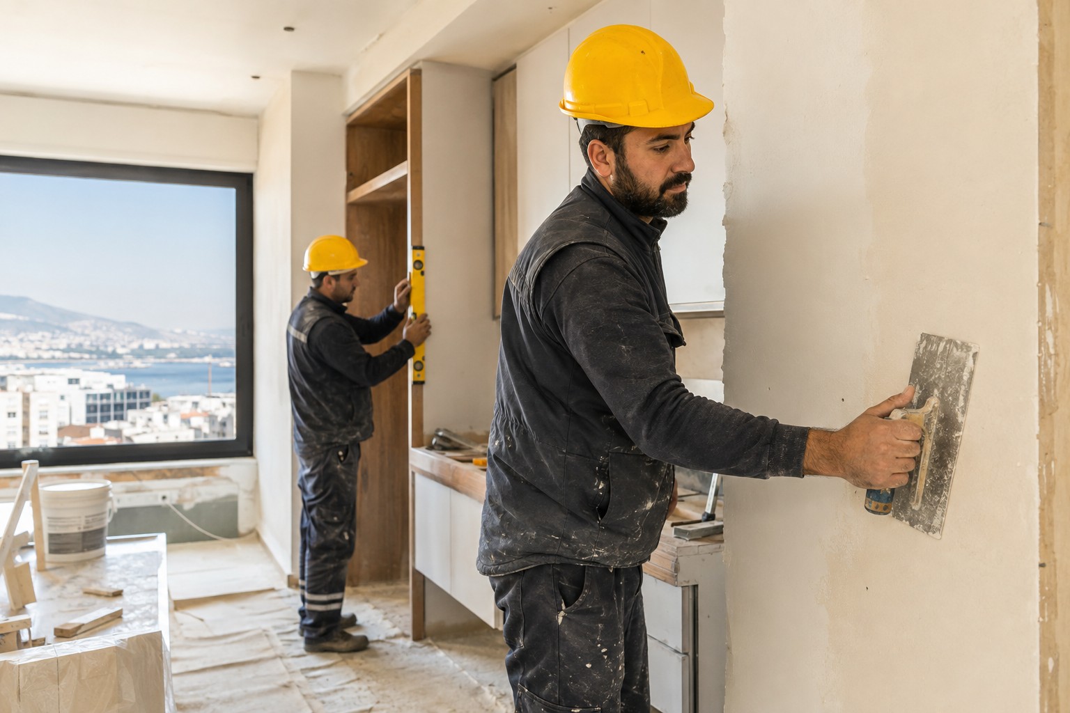 Sarı baretli çalışanların bir evde duvar ve iç mekan tadilatı yaptığı temsili görsel